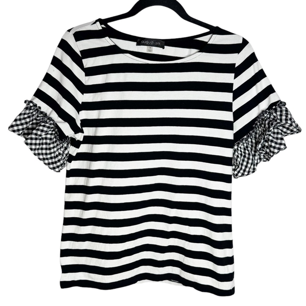 August Silk | Striped Ruffle Sleeve Top | Medium | EUC